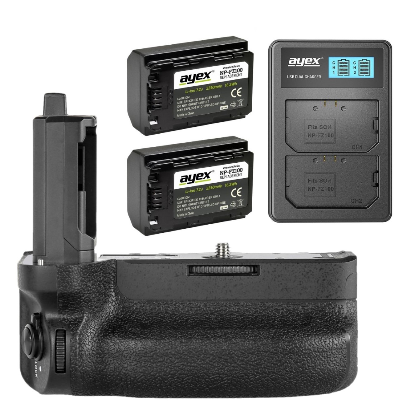 Batteriegriff Set für Sony Alpha 1 a7RIV a7SIII a7IV a9II + 2x NP-FZ100 Akku + 1x USB Dual-Ladegerät wie VG-C4EM