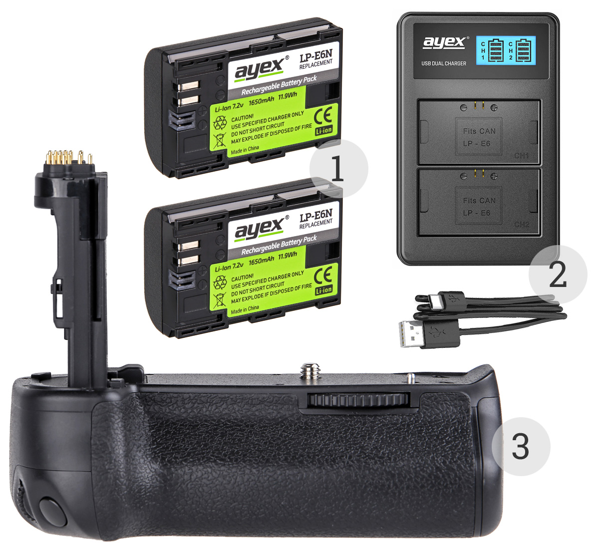 ayex Batteriegriff Set für Canon EOS 6D Mark II wie BG-E21 + 2x LP-E6N Akku + 1x USB Dual Ladegerät