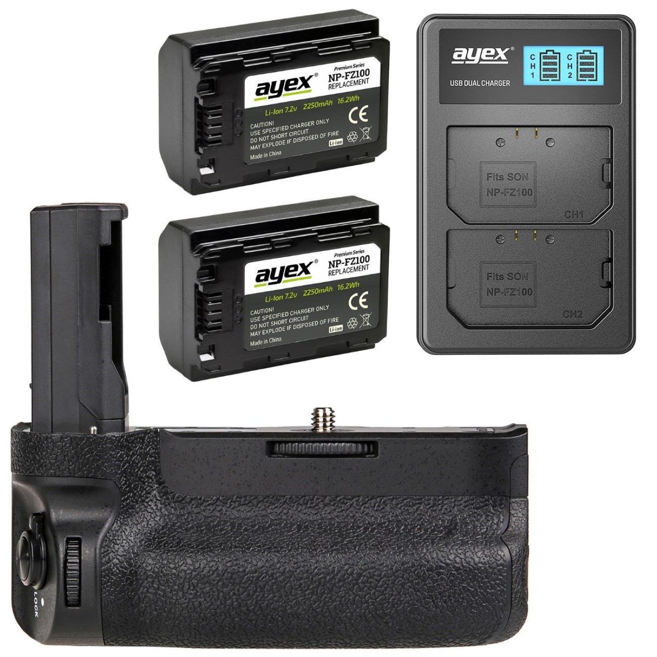 ayex Batteriegriff Set für Sony Alpha A9 A7R III A7 III + 2x NP-FZ100 Akku + 1x USB Dual Ladegerät