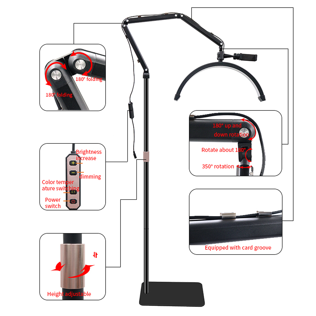 HD-S002_11.jpg LED Halbmond Beauty Light Farbtemperatur 3000K-6000K Schwenkbar stabile Stand & Telefonhalterung