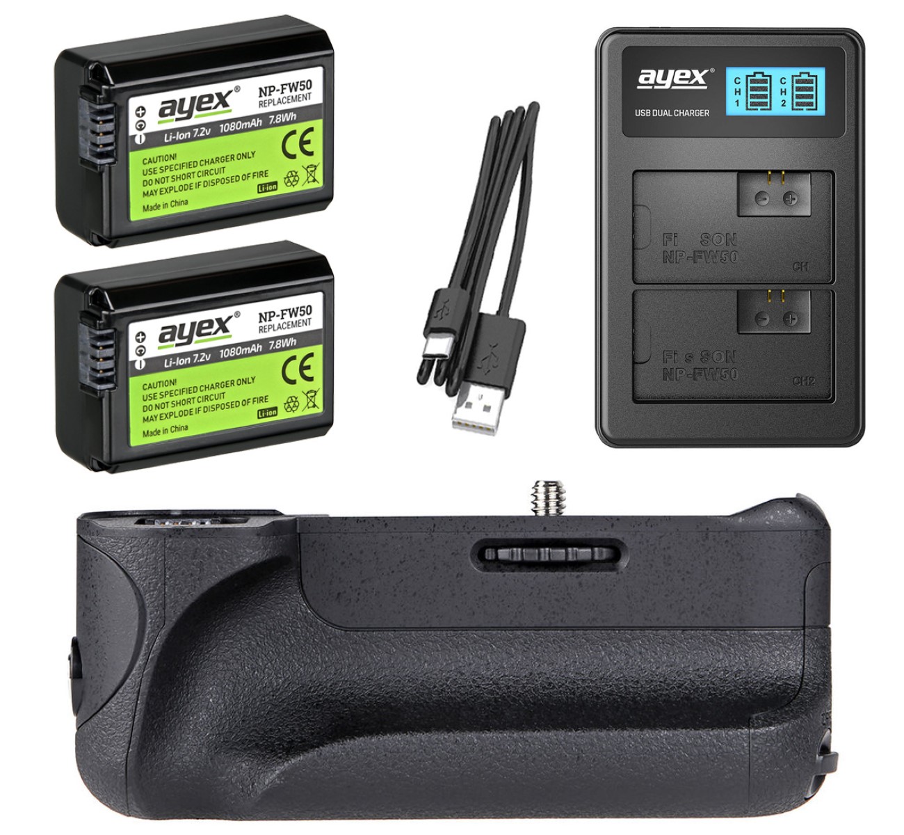 ayex Batteriegriff Set für Sony Alpha A6500 + 2x NP-FW50 Akku + 1x USB Dual Ladegerät