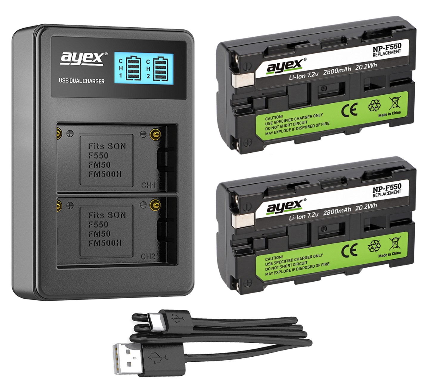 ayex Power Set mit 2x NP-F550 Akku für Sony + 1x USB Dual Ladegerät