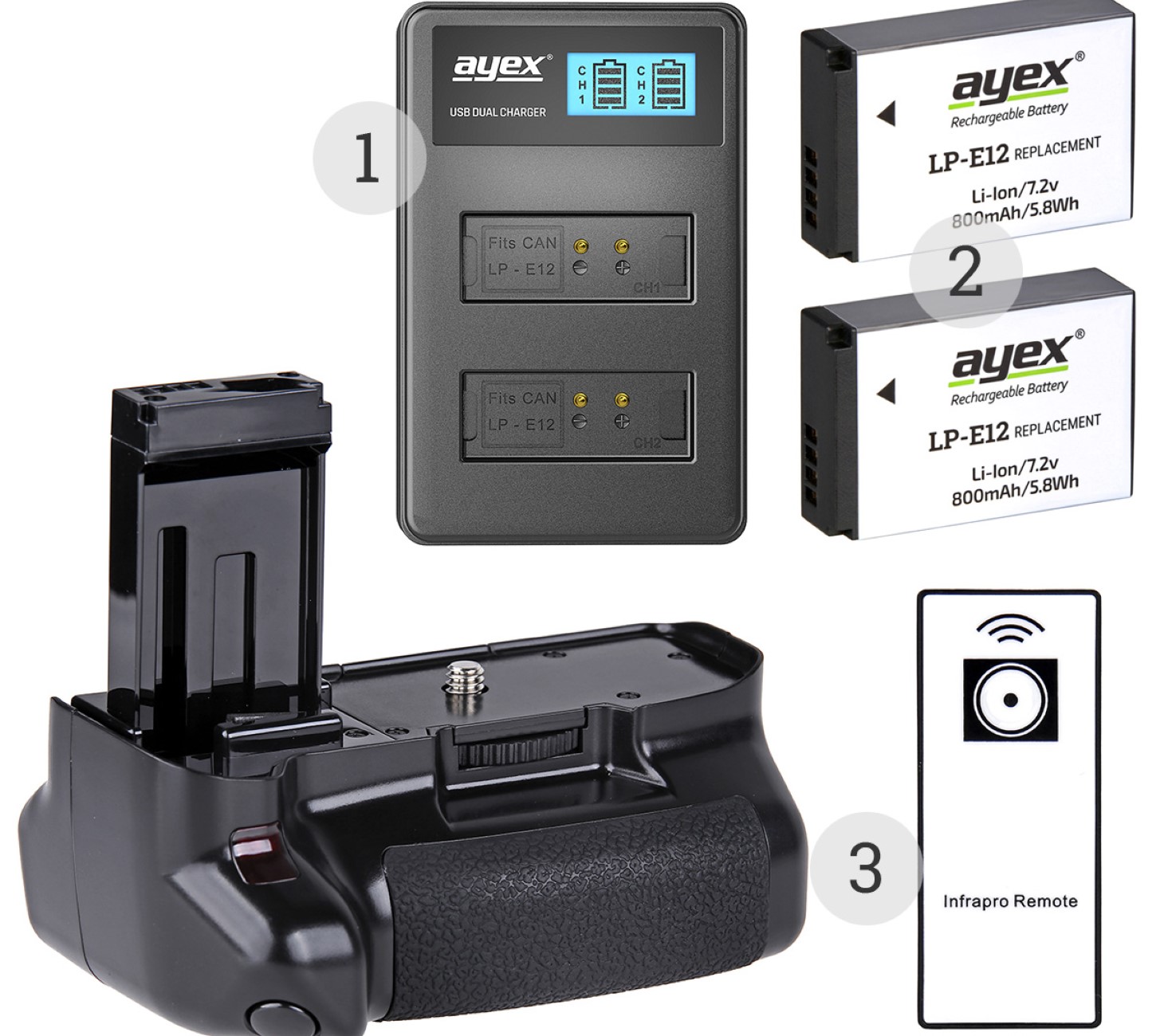 ayex Batteriegriff Set für Canon EOS 100D + IR-Fernauslöser + 2x LP-E12 Akku + 1x USB Dual Ladegerät