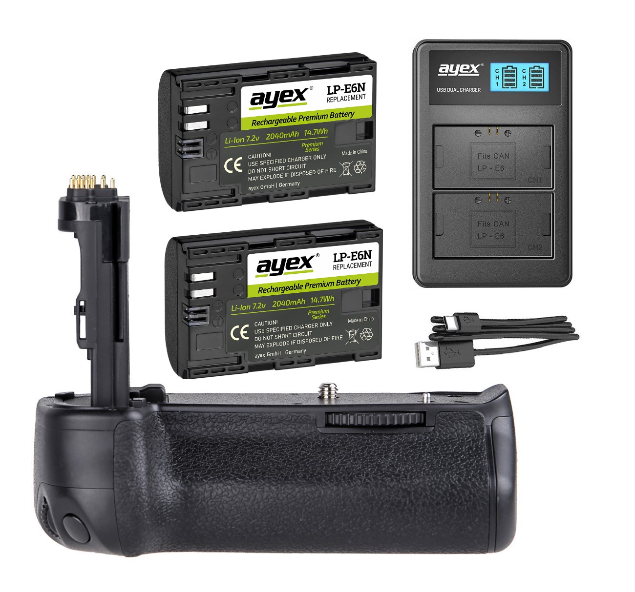 ayex Batteriegriff Set für Canon EOS 90D 80D 70D + 2x LP-E6N Akku + 1x USB Dual Ladegerät