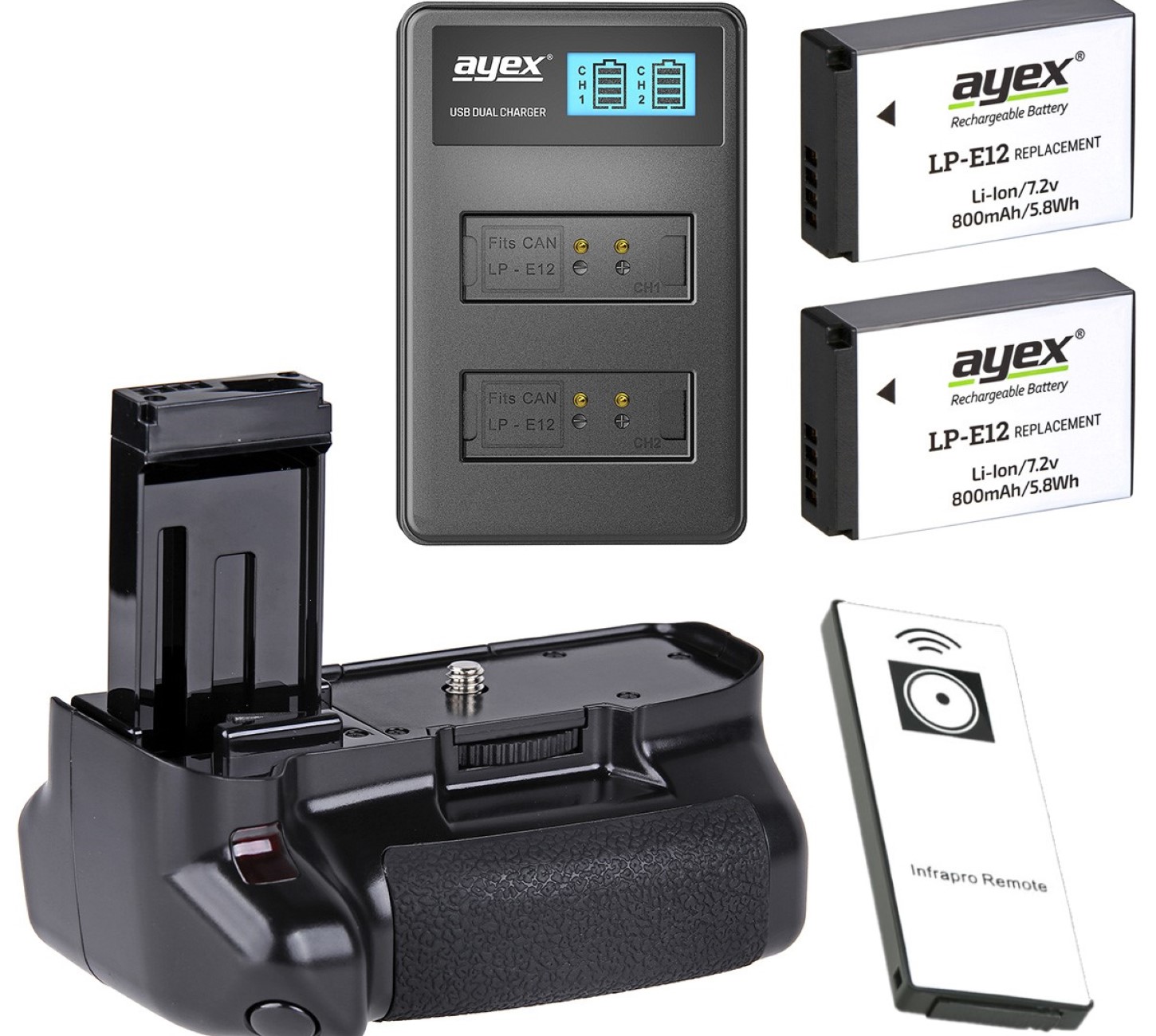 ayex Batteriegriff Set für Canon EOS 100D + IR-Fernauslöser + 2x LP-E12 Akku + 1x USB Dual Ladegerät
