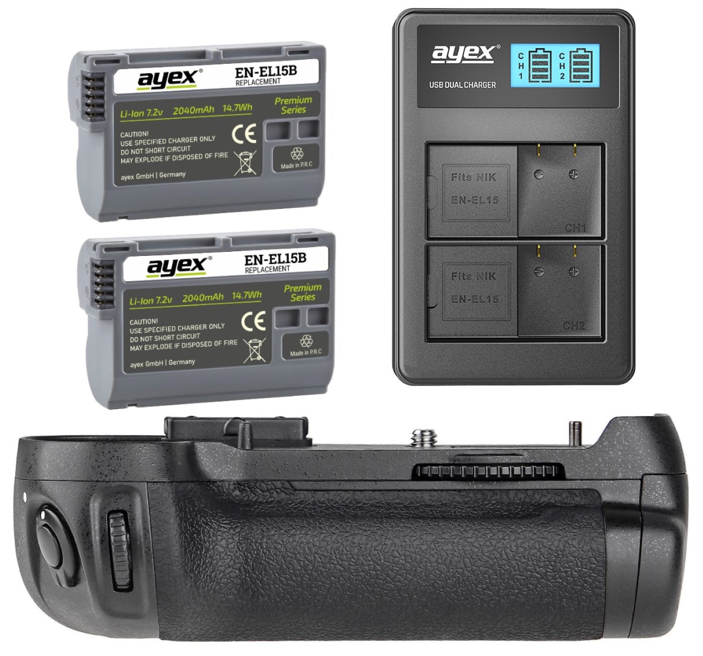 ayex Batteriegriff Set für Nikon D850 wie MB-D18 + 2x EN-EL15B Akku + 1x USB Dual Ladegerät