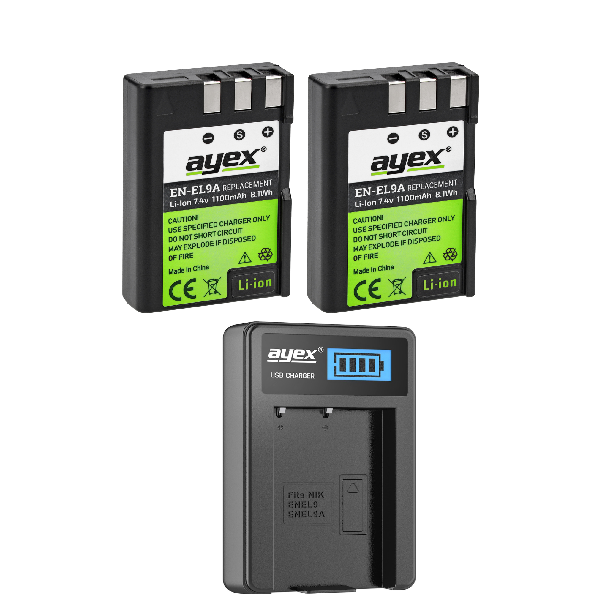 ayex Power-Set mit 2x EN-EL9a Akkus + USB Ladegerät für zB Nikon D40 D40x D60 D3000 D5000