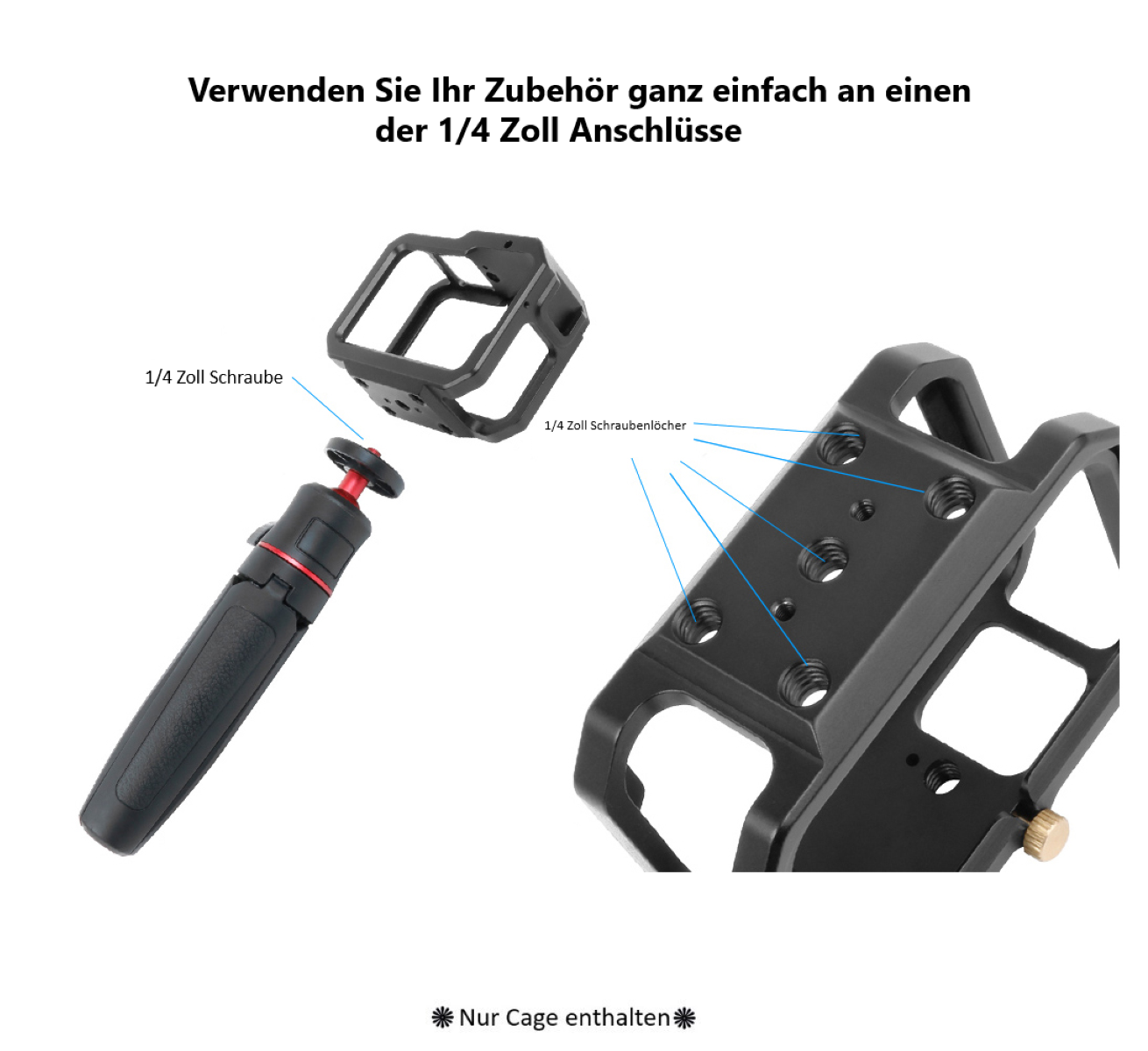 Schutzgehäuse Schutzrahmen Cage Passend für GoPro Hero 9, 10 & 11 - Stabiler Cage mit 2 Hot-Shoe-Anschlüssen und Schieberahmen, Aluminium-Legierung