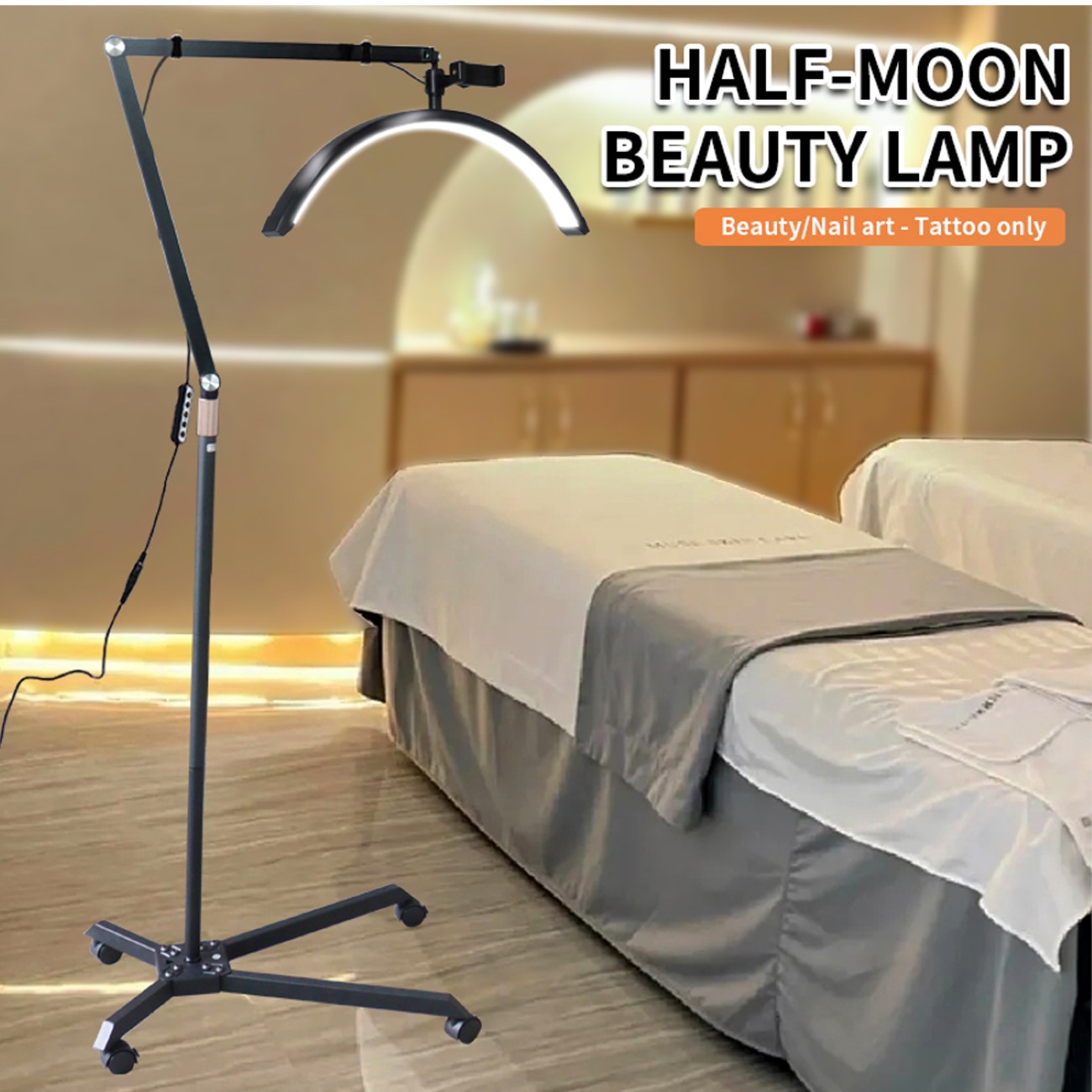 LED Halbmondlampe Beauty Light Duale Farbtemperatur 4 Räder Arm Aluminium