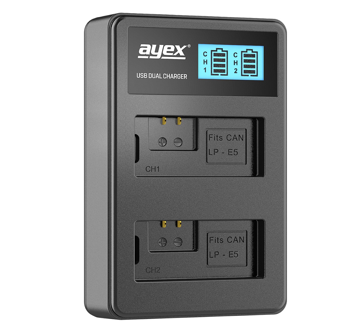 USB Dual Ladegerät für Canon LP-E5 Akkus beleuchtetes Display Ladestandanzeige