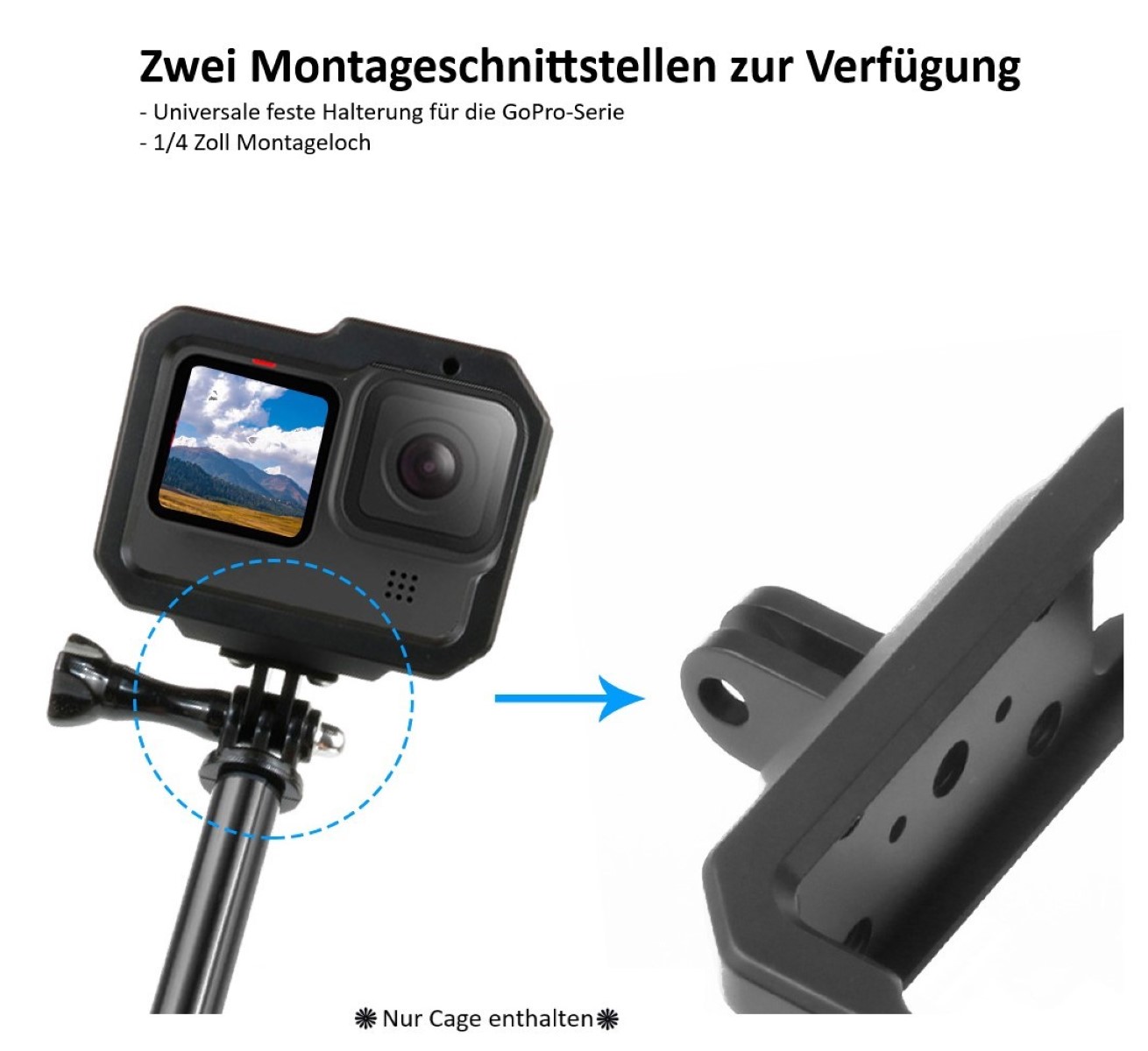 Schutzgehäuse Schutzrahmen Cage Passend für GoPro Hero 9, 10 & 11 - Stabiler Cage mit 2 Hot-Shoe-Anschlüssen und Schieberahmen, Aluminium-Legierung