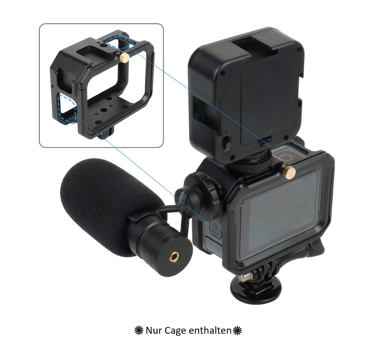 Schutzgehäuse Schutzrahmen Cage Passend für GoPro Hero 9 10 & 11 2 Hot-Shoe-Anschlüsse Schieberahmen Aluminium