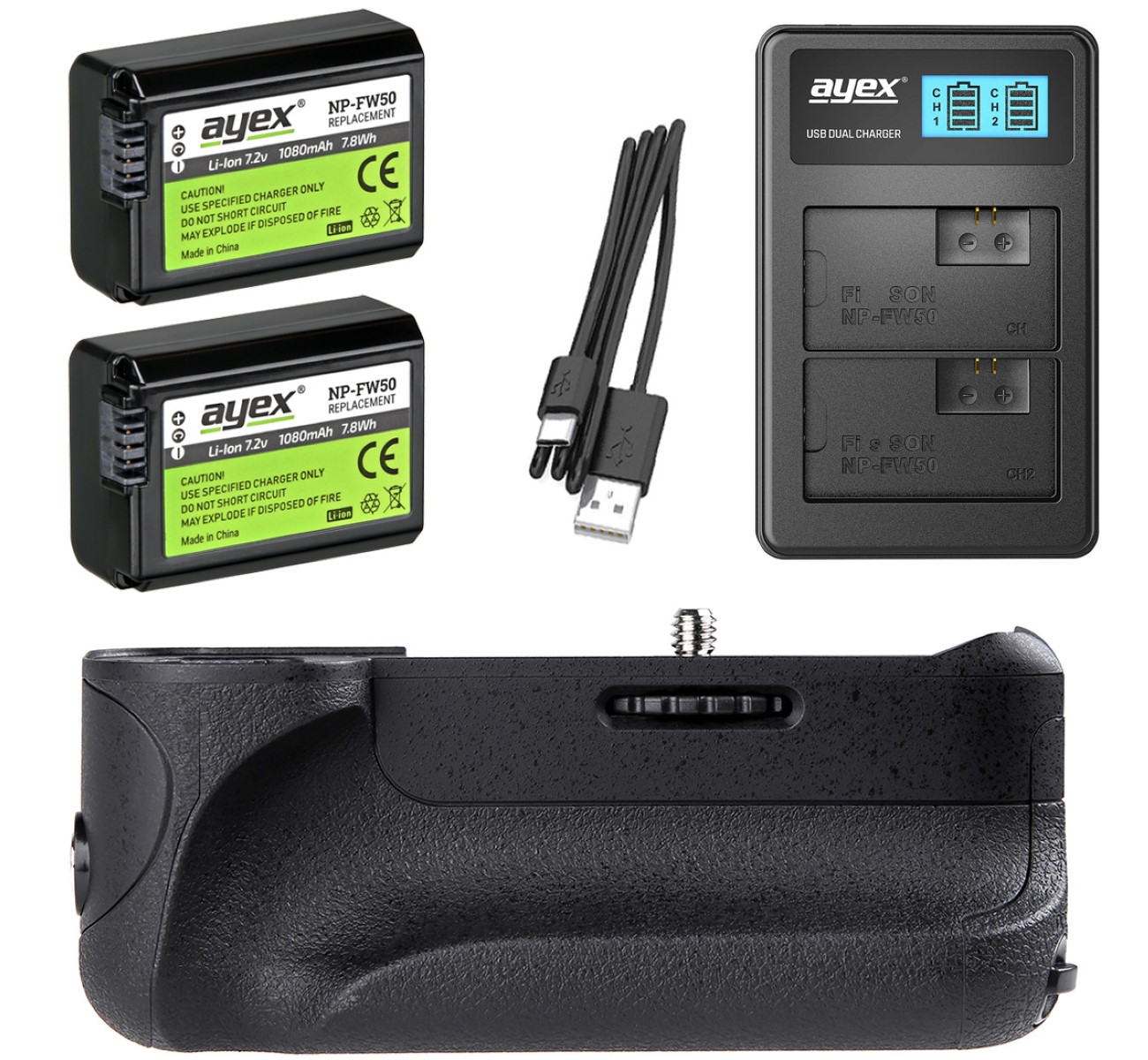 ayex Batteriegriff Set für Sony Alpha A6300 A6000 + 2x NP-FW50 Akku + 1x USB Dual Ladegerät