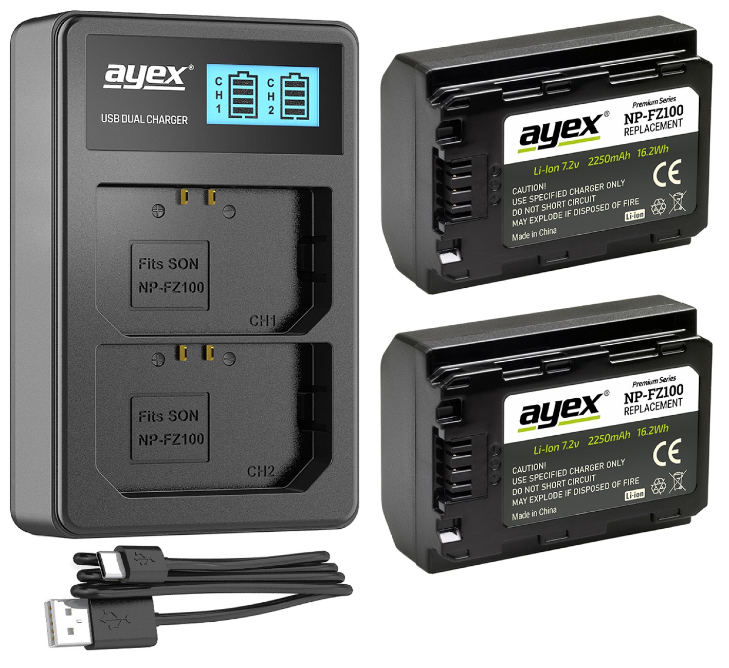 ayex Batteriegriff Set für Sony Alpha A9 A7R III A7 III + 2x NP-FZ100 Akku + 1x USB Dual Ladegerät