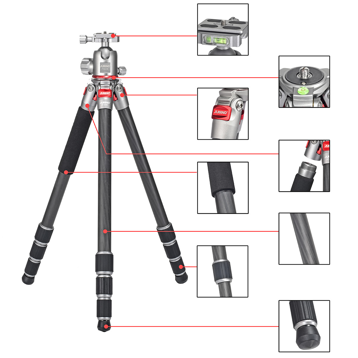 JUSINO Leichtes Karbon Fotostativ mit Kugelkopf Stativ bis 138cm 12kg AF-254C FGS-36 JUSINO Leichtes Karbon Fotostativ mit Kugelkopf Stativ bis 138cm 12kg AF-254C FGS-36