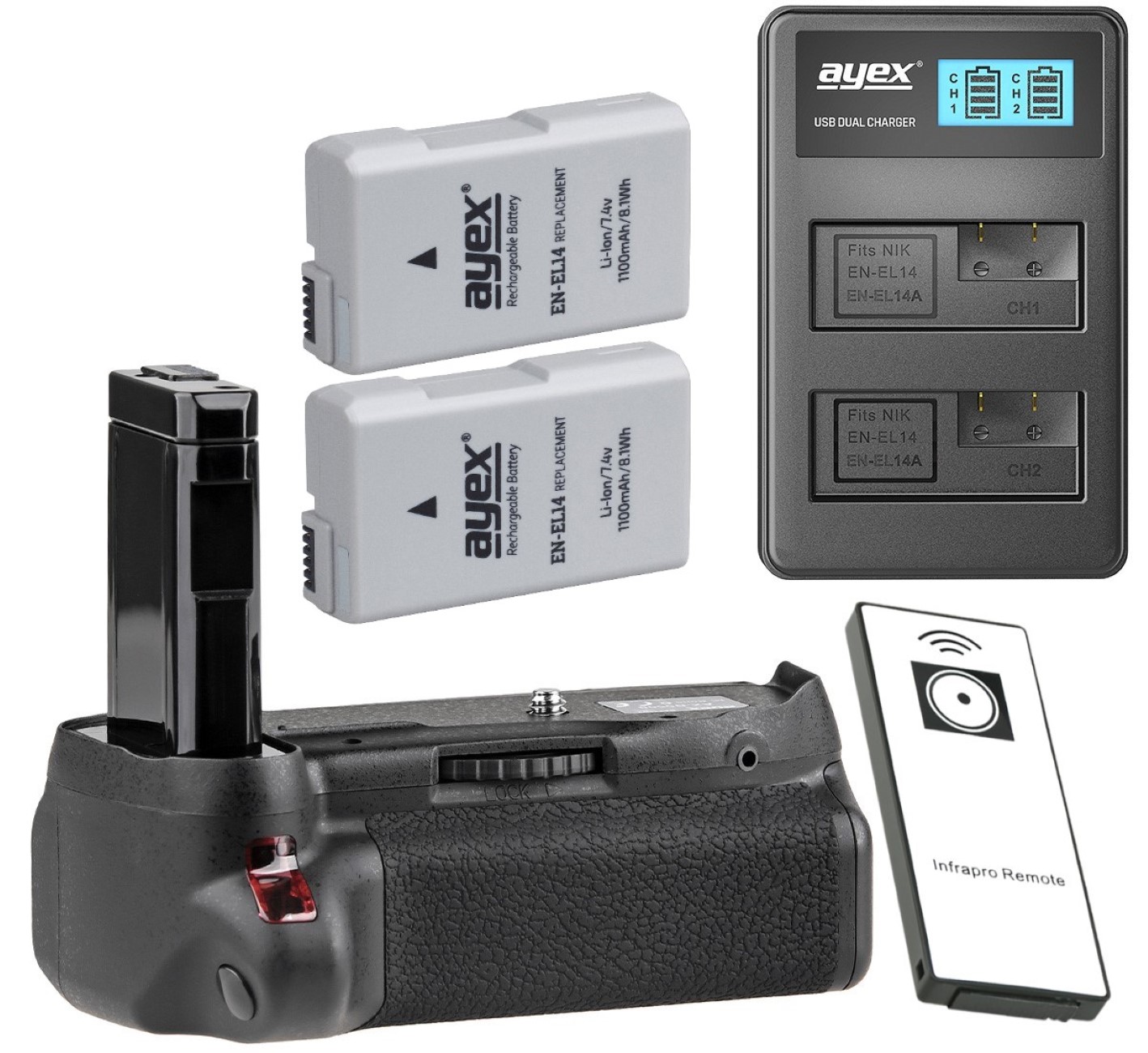 ayex Batteriegriff Set für Nikon D5500 D5600 + IR-Fernauslöser + 2x EN-EL14 Akku + 1 USB Dual Ladegerät