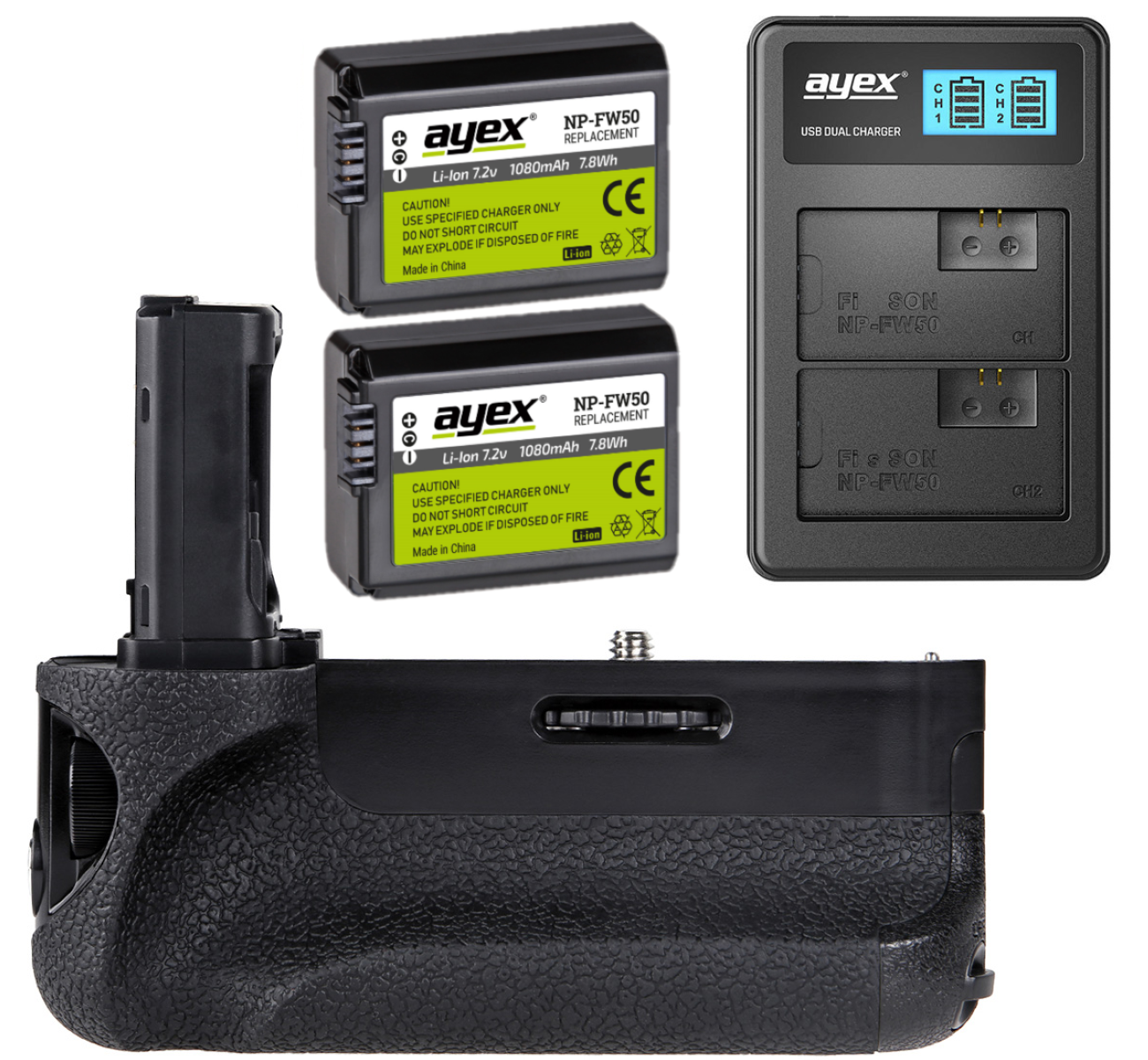 ayex Batteriegriff Set für Sony Alpha A7II A7RII A7SII + 2x NP-FW50 Akku + 1x USB Dual Ladegerät