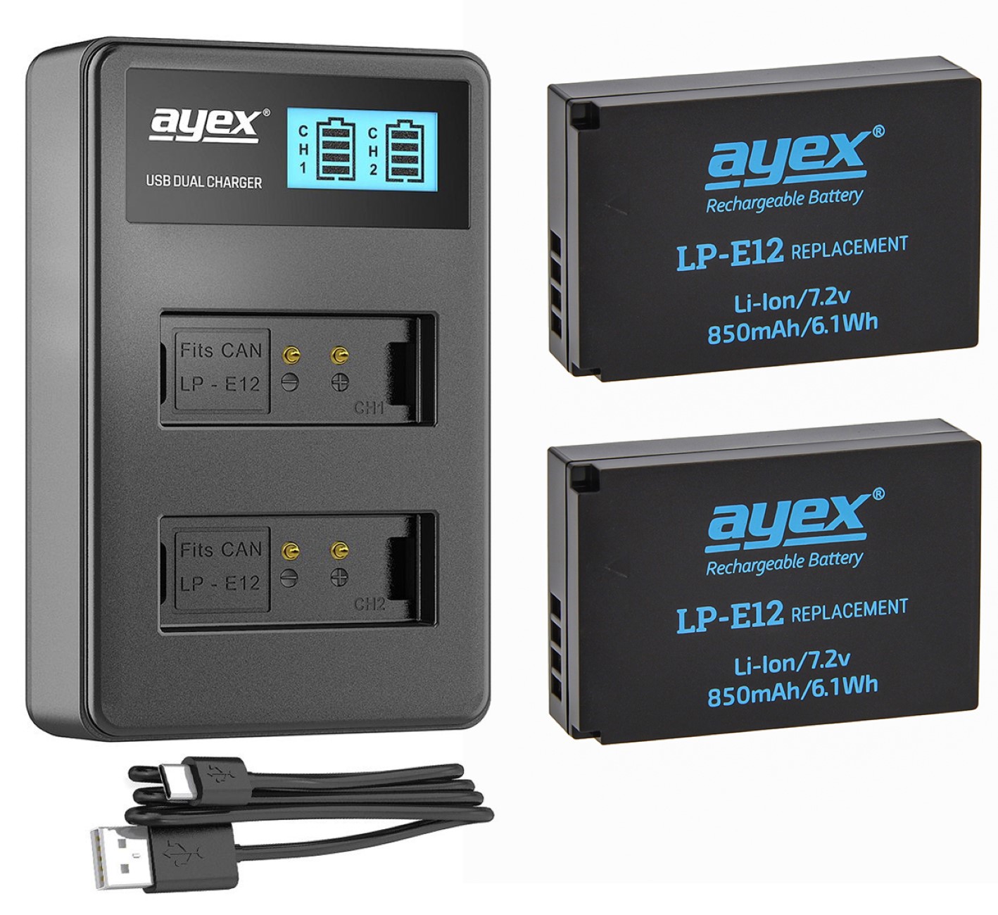 ayex Power Set mit 2x LP-E12 Akku für Canon + 1x USB Dual Ladegerät zB EOS M M200