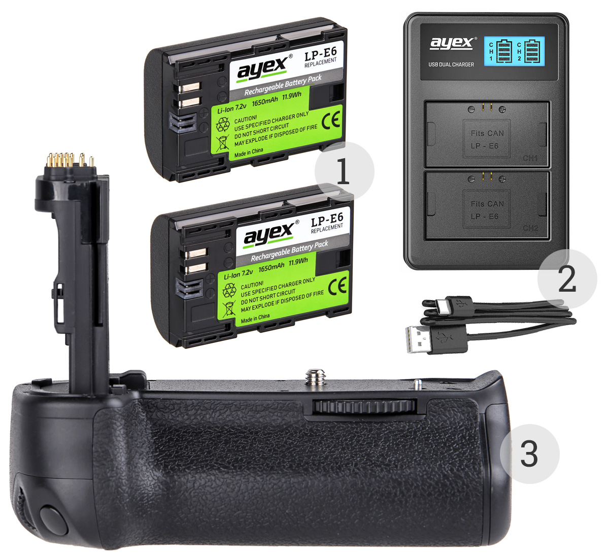ayex Batteriegriff Set für Canon EOS 6D + 2x LP-E6N Akku + 1x USB Dual Ladegerät