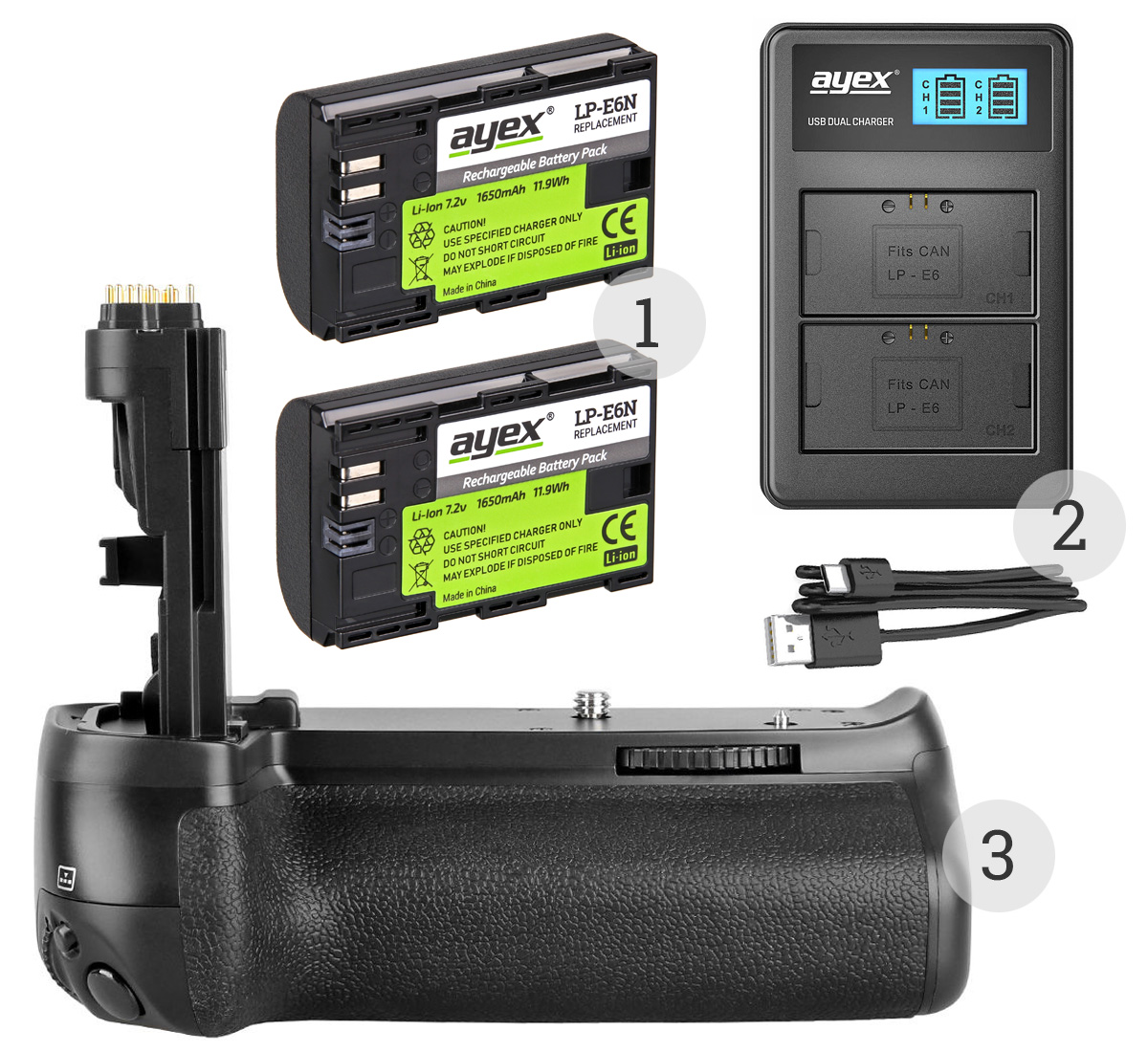 ayex Batteriegriff Set für Canon EOS 90D 80D 70D + 2x LP-E6N Akku + 1x USB Dual Ladegerät