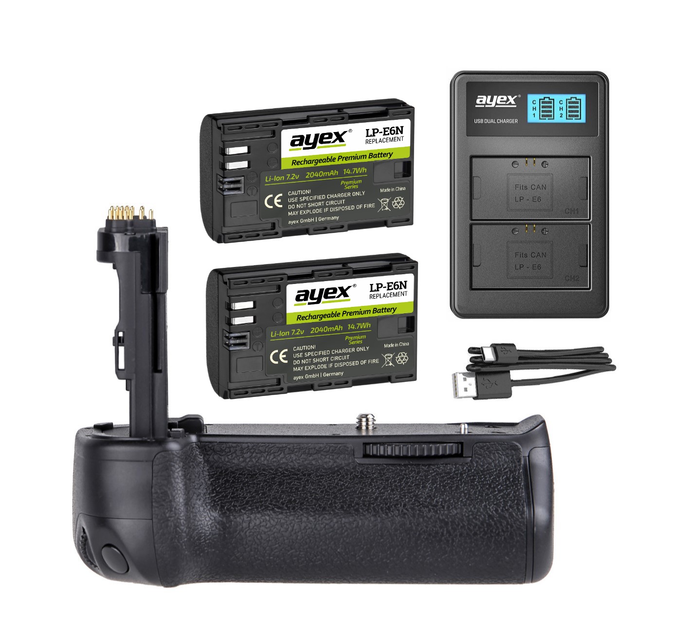 ayex Batteriegriff Set für Canon EOS 7D Mark II wie BG-E16 + 2x LP-E6N Akku + 1x USB Dual Ladegerät