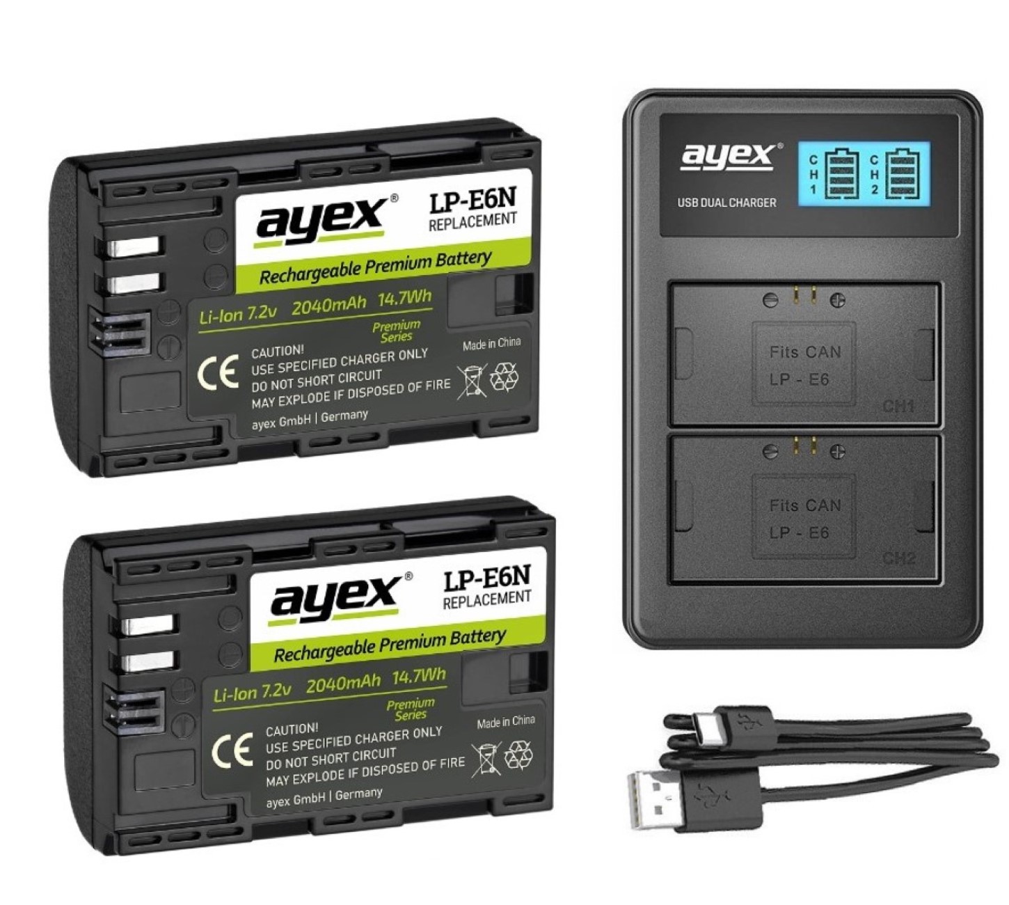 ayex Power Set mit 2x LP-E6N Akku für Canon + 1x USB Dual Ladegerät zB EOS R 80D