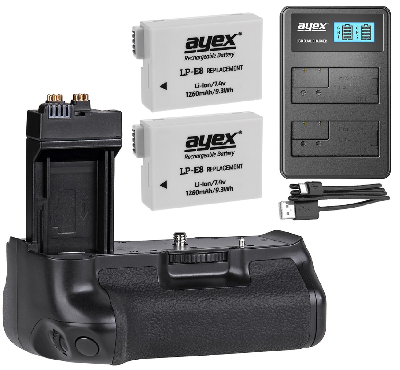 ayex Batteriegriff Set für Canon EOS 700D 650D 600D 550D + 2x LP-E8 Akku + 1x USB Dual Ladegerät
