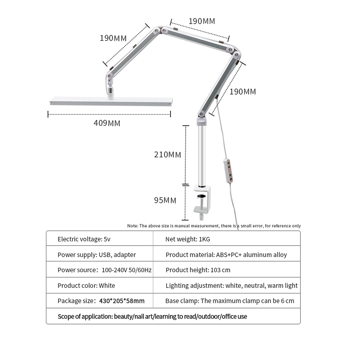 LED Beauty Tischlampe mit Klemme – 3 Lichtfarben, 10 Helligkeitsstufen, drehbar – Schwarz / Weiß