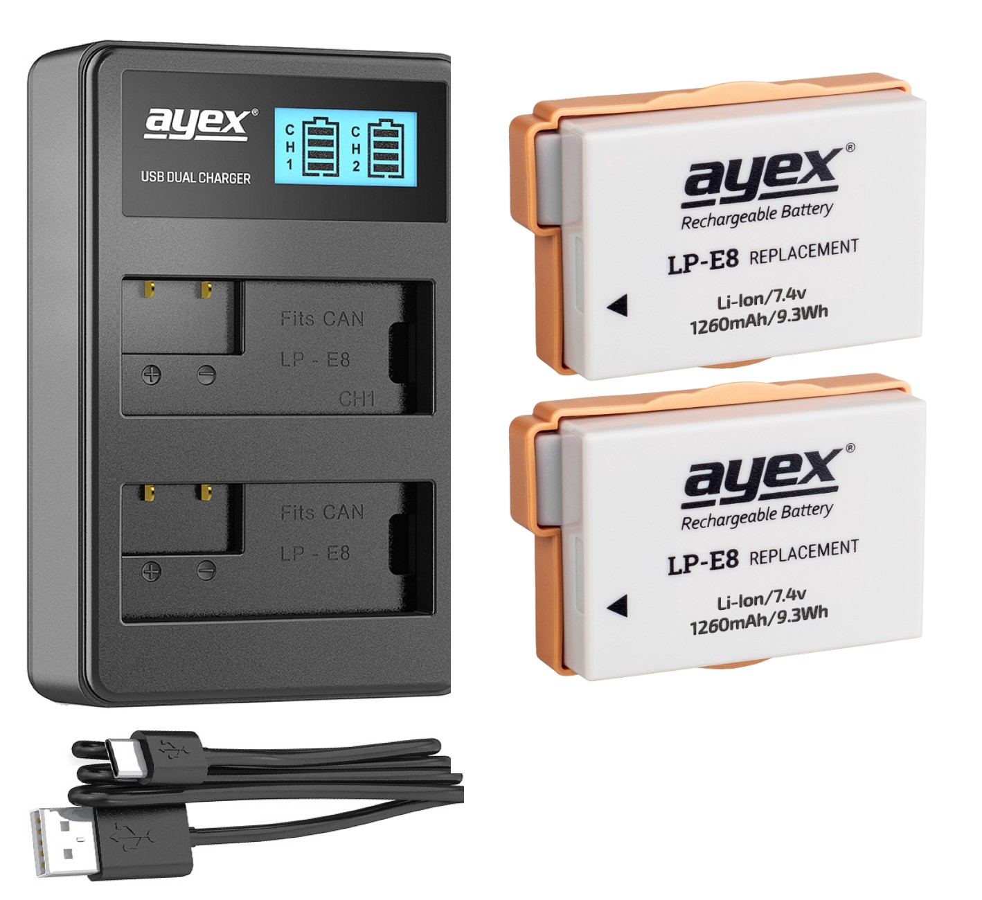 ayex Power Set mit 2x LP-E8 Akku für Canon + 1x USB Dual Ladegerät zB Canon EOS 700D 650D 600D 550D