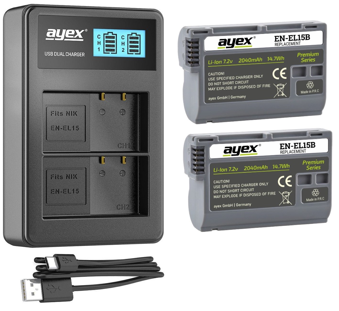 ayex Power Set mit 2x EN-EL15B Akku für Panasonic + 1x USB Dual Ladegerät