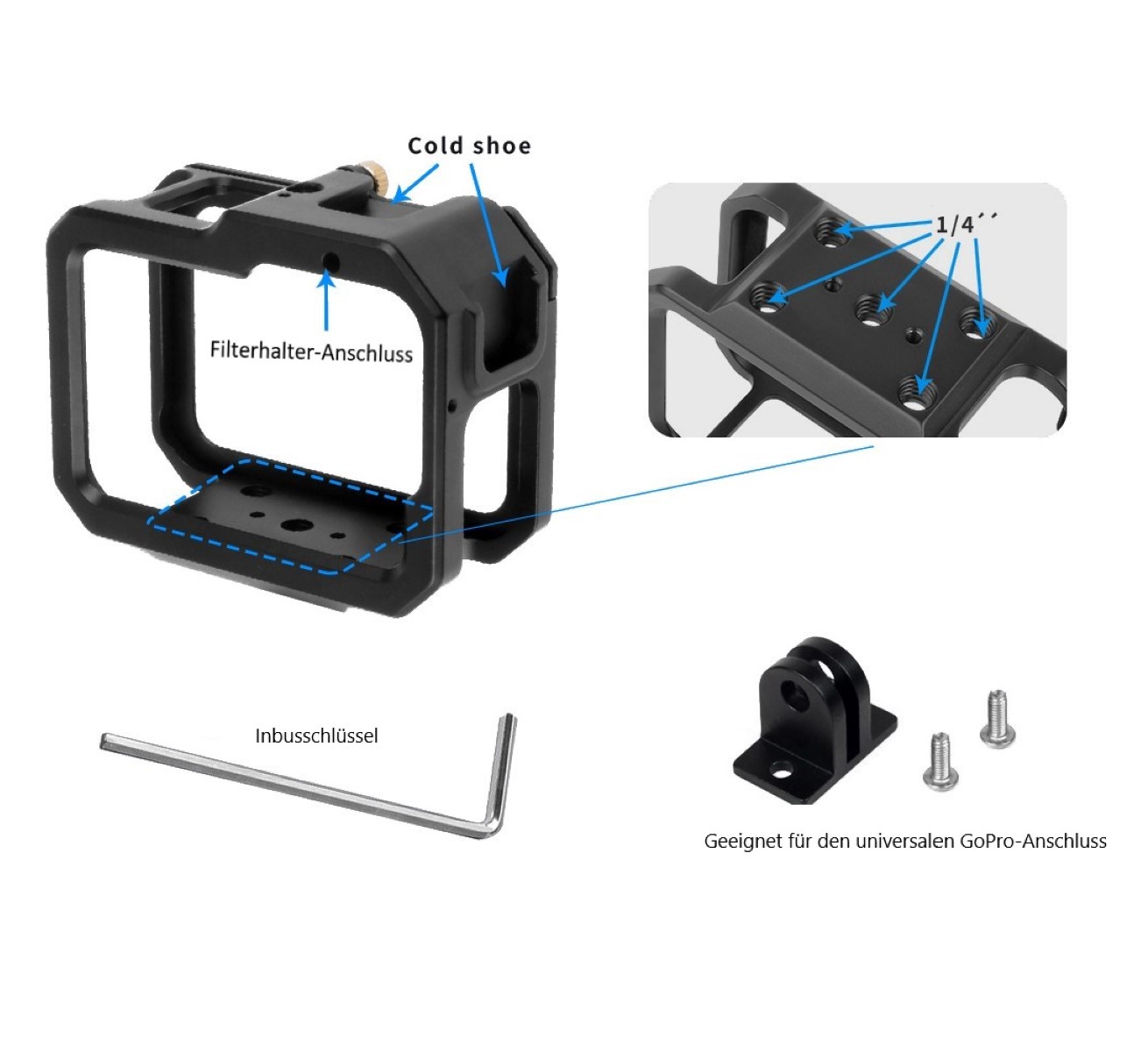 Schutzgehäuse Schutzrahmen Cage Passend für GoPro Hero 9, 10 & 11 - Stabiler Cage mit 2 Hot-Shoe-Anschlüssen und Schieberahmen, Aluminium-Legierung