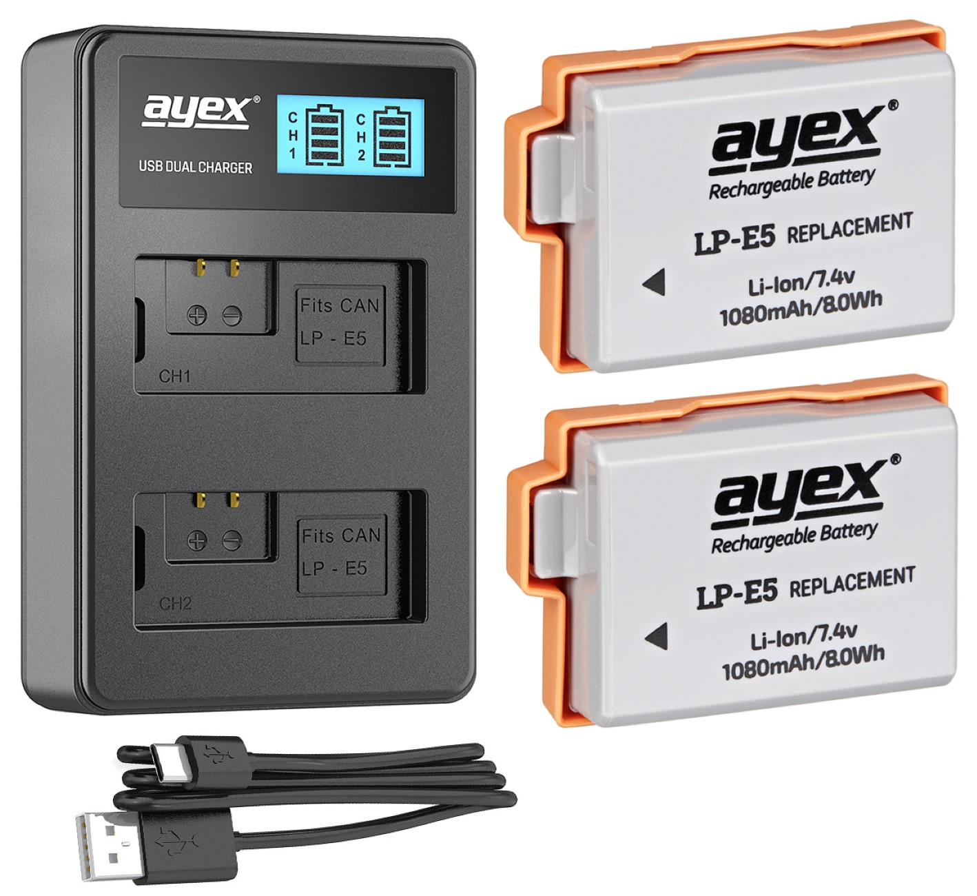 ayex Power Set mit 2x LP-E5 Akku für Canon + 1x USB Dual Ladegerät zB Canon EOS 450D 500D 1000D