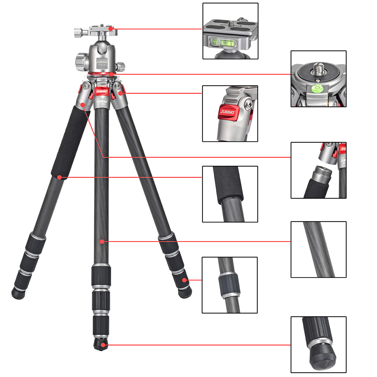 JUSINO AF-284C Leichtes Carbon Fotostativ mit Kugelkopf FGS-36, Stativ bis 15kg belastbar