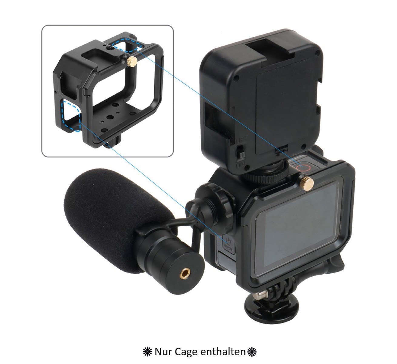 Schutzgehäuse Schutzrahmen Cage Passend für GoPro Hero 9, 10 & 11 - Stabiler Cage mit 2 Hot-Shoe-Anschlüssen und Schieberahmen, Aluminium-Legierung