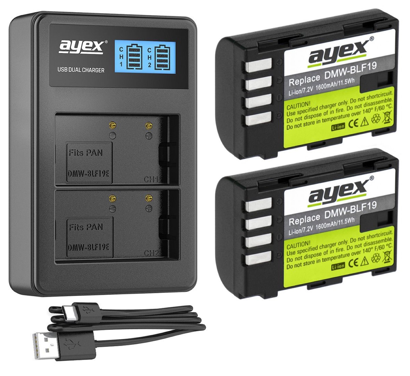 ayex Batteriegriff Set für Panasonic Lumix G9 + 2x BLF-19 Akkus + USB Dual Ladegerät