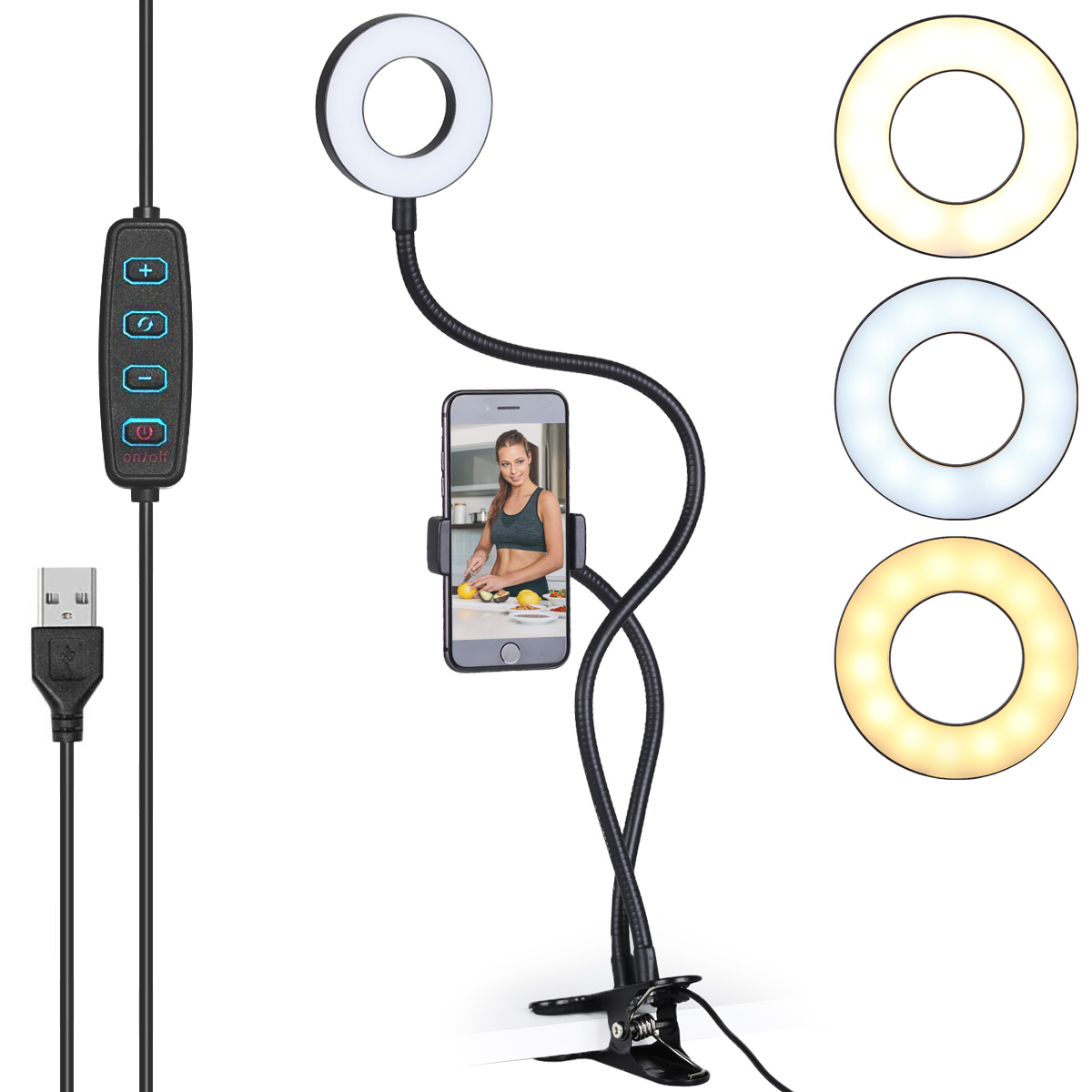 ayex Smartphonehalterung, LED-Licht mit USB - dimmbar, warmes und kaltes Licht (schwarz, weiß)