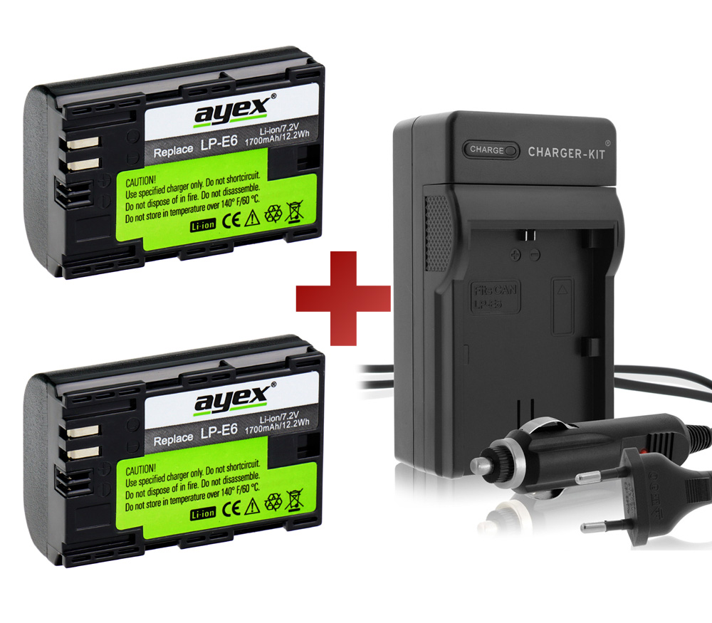 ayex Power Set mit 2x LP-E6 Akku + USB-Ladegerät inkl. Kfz-Ladekabel für zB Canon EOS R 5D Mark III 6D 7D 60D 70D