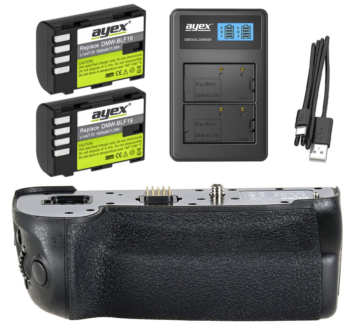 ayex Batteriegriff Set für Panasonic Lumix G9 + 2x BLF-19 Akkus + USB Dual Ladegerät