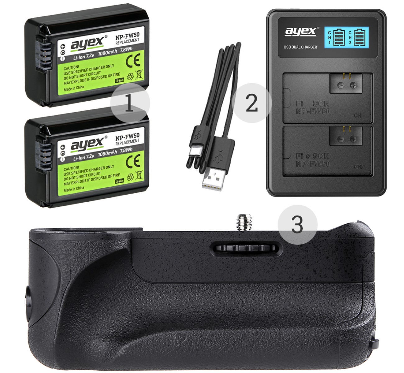 ayex Batteriegriff Set für Sony Alpha A6300 A6000 + 2x NP-FW50 Akku + 1x USB Dual Ladegerät