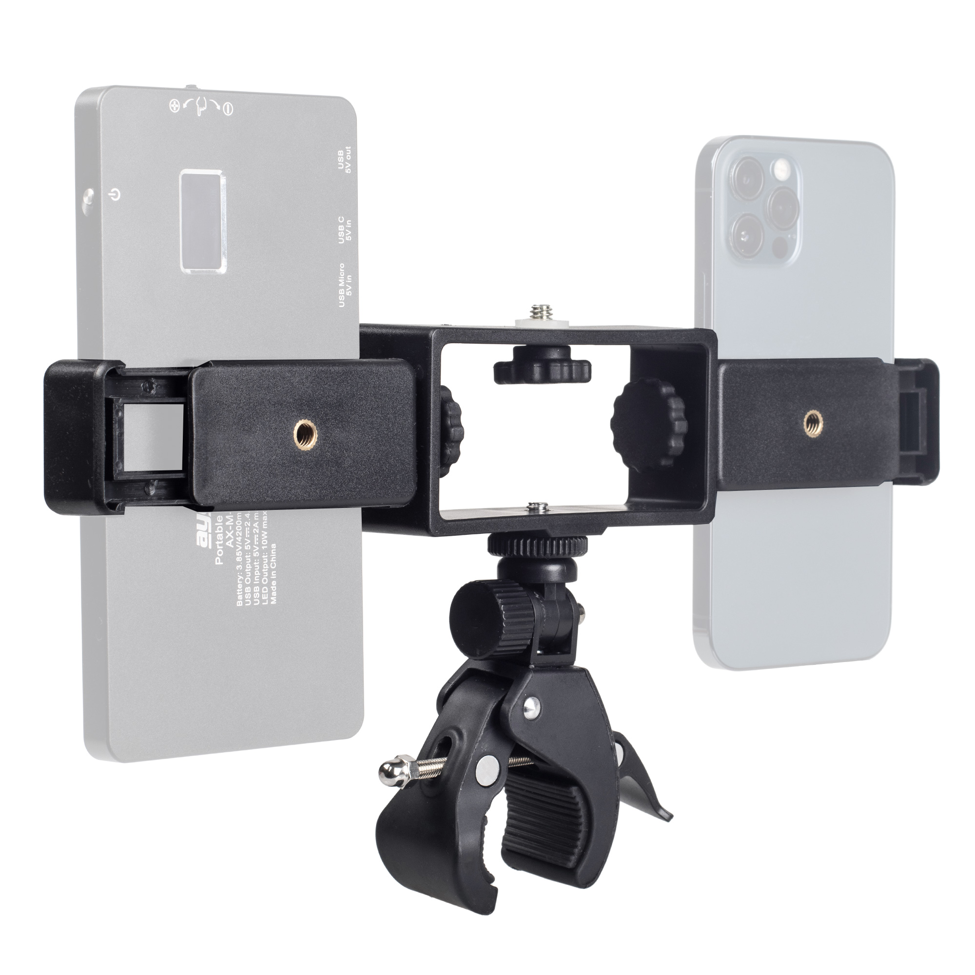 ayex Duale Smartphone-Halterung inkl. Universalklemme - Für 1/4 Zoll und Blitzschuh - Halterung für zwei Smartphones an z.B. Kamera & Stativ