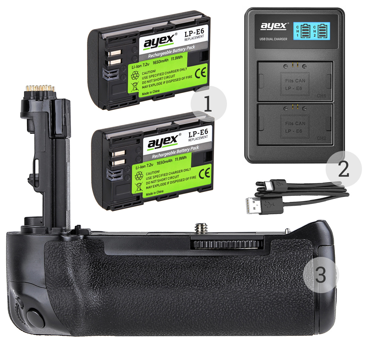 ayex Batteriegriff Set für Canon EOS 7D Mark II wie BG-E16 + 2x LP-E6N Akku + 1x USB Dual Ladegerät